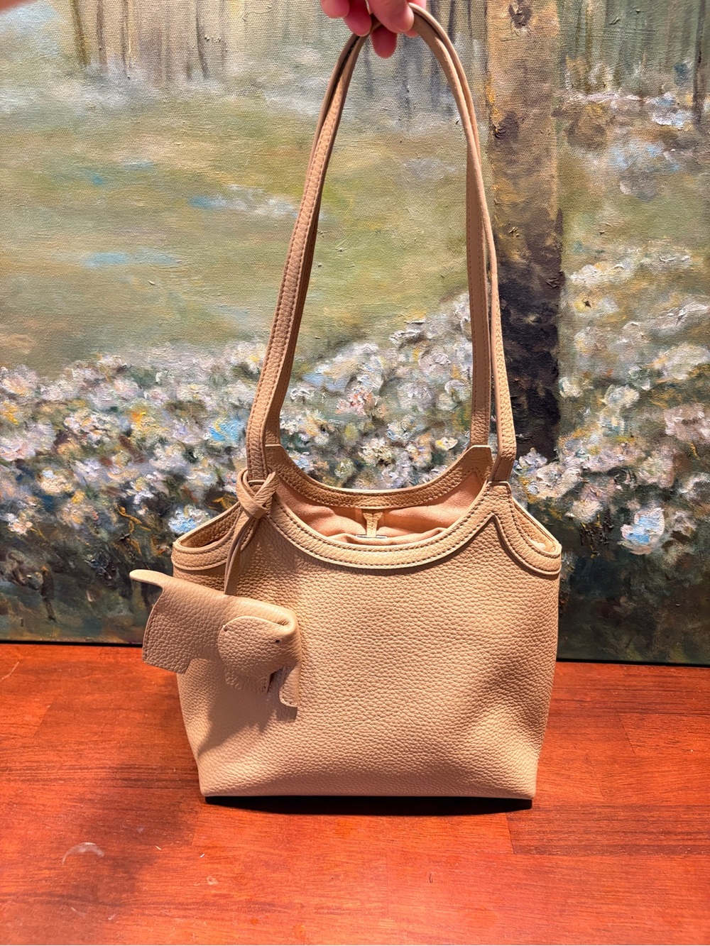 Classic Women's Pebbled Leather Tote Bag in Light Beige